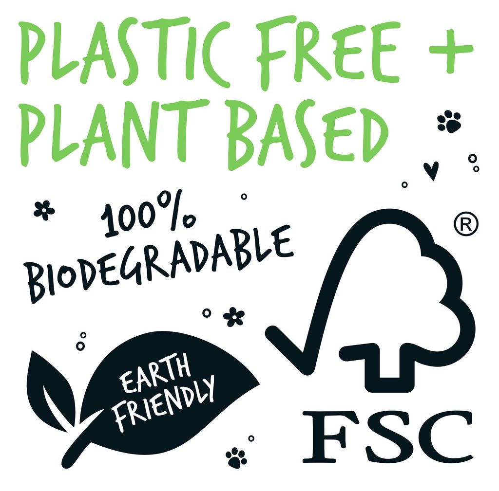 Green and black text and symbols indicating 'Plastic Free', 'Plant Based', '100% Biodegradable', 'Earth Friendly', and 'FSC' on a white background.