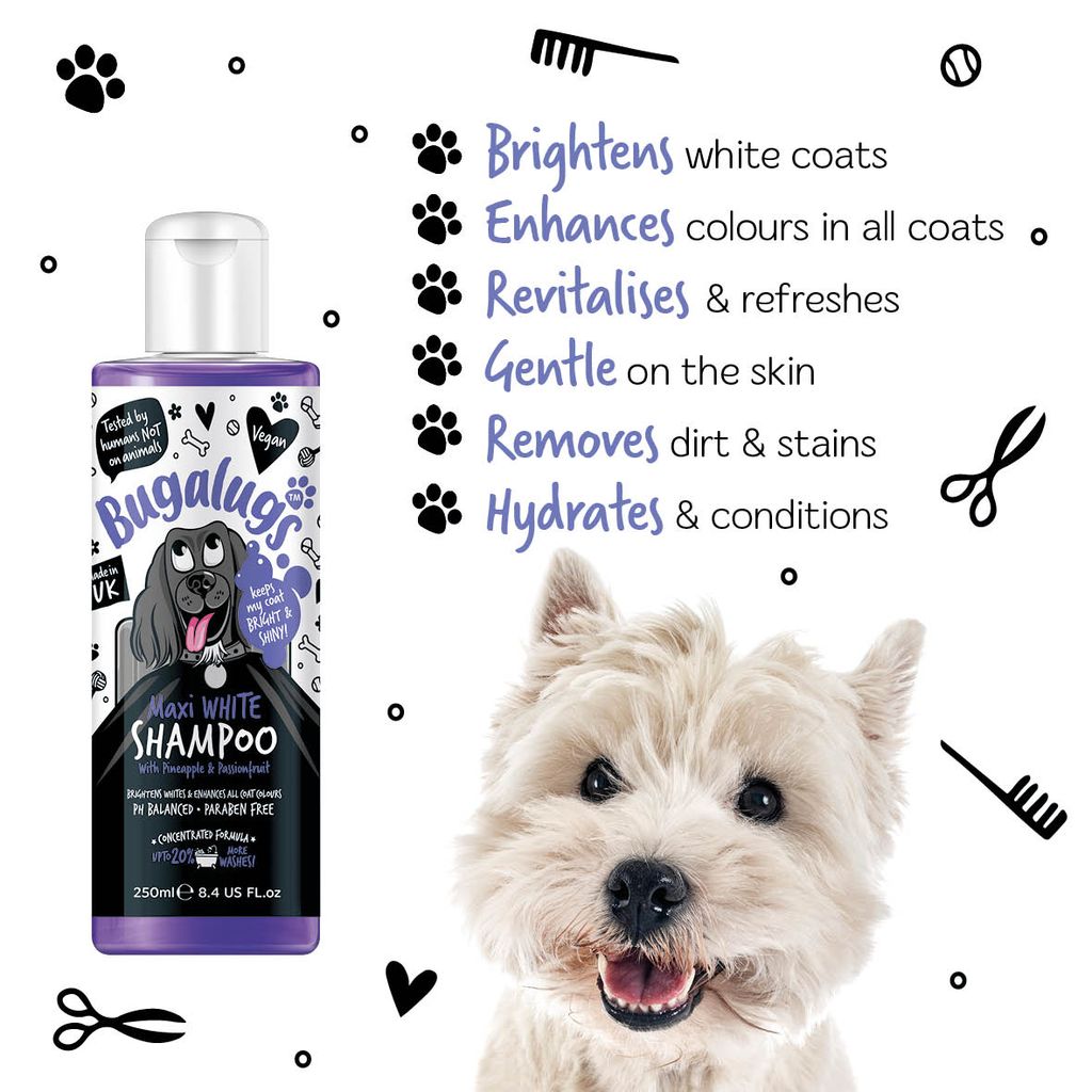 Bugalugs Maxi White Shampoo bottle with a dog and product benefits text on a white background