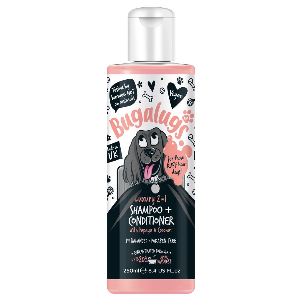 Bugalugs luxury 2-in-1 shampoo and conditioner bottle with cartoon dog illustration on a white background