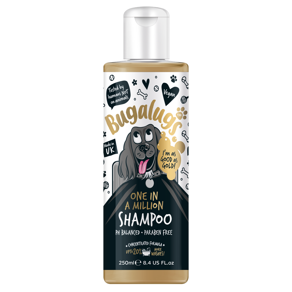 Bugalugs One in a Million shampoo bottle with a cartoon dog on the label against a white background