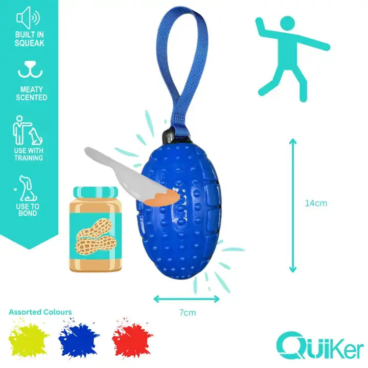 Blue Dog toy shaped like a rugby ball with Meat smell