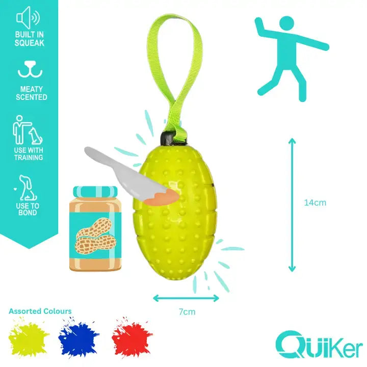 Yellow Dog toy shaped like a rugby ball with Meat smell