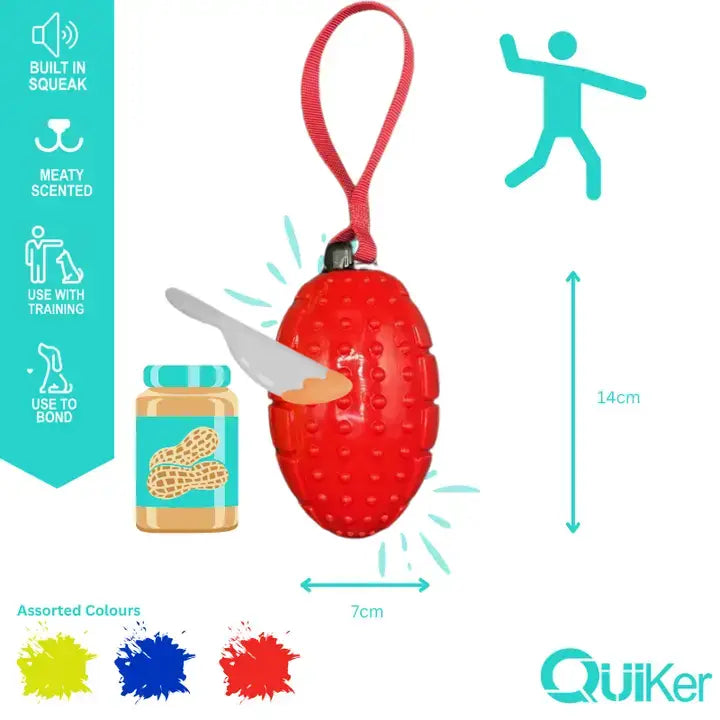 Red Dog toy shaped like a rugby ball with Meat smell